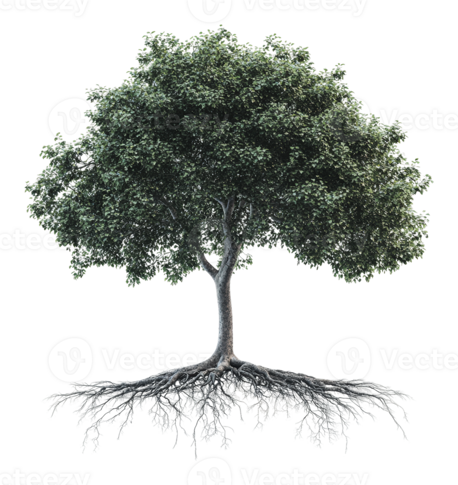 A detailed tree with visible roots and lush leaves png