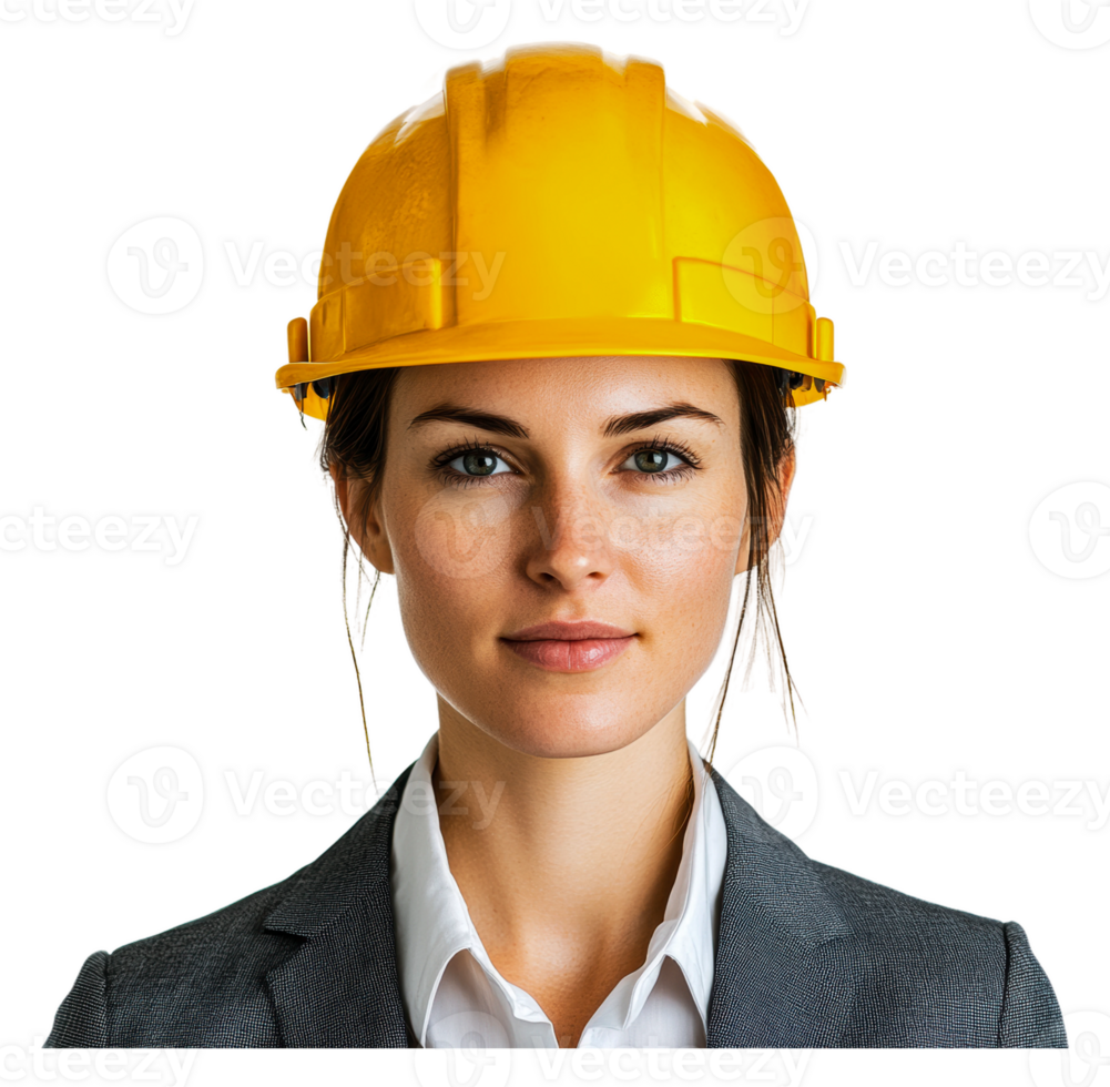 Professional woman wearing a yellow safety helmet png
