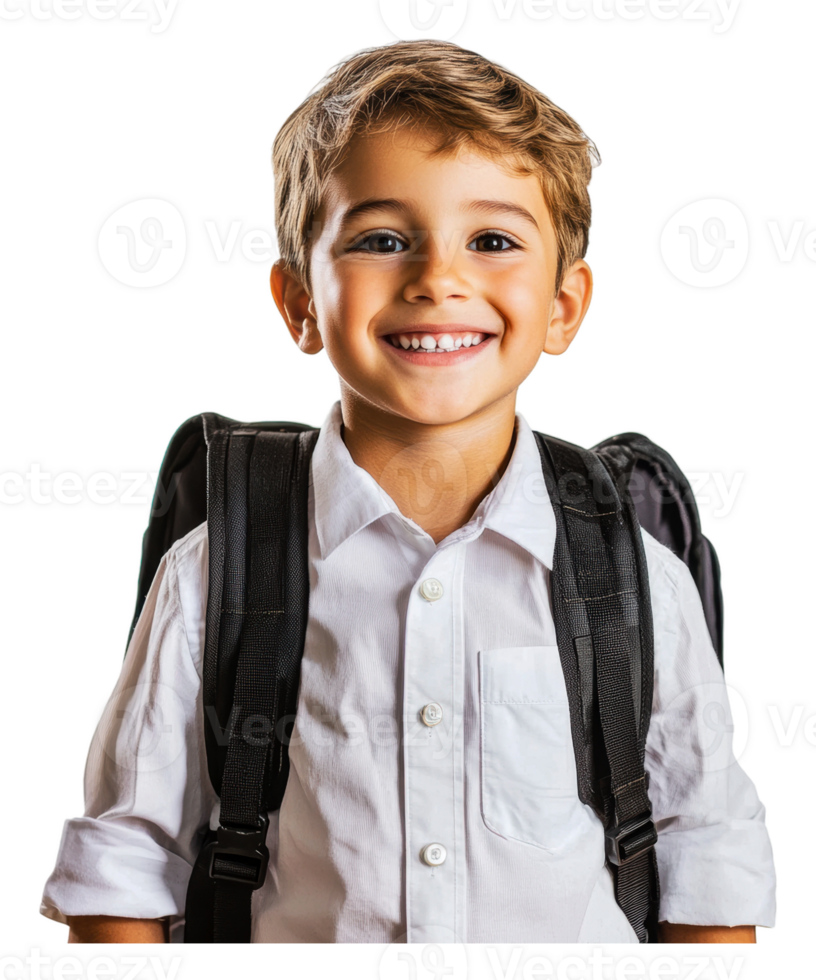 Young boy smiling with backpack ready for school png