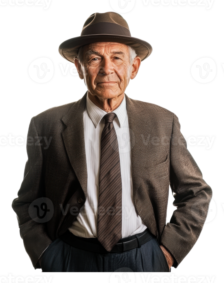 Elderly man in formal attire with a fedora hat png