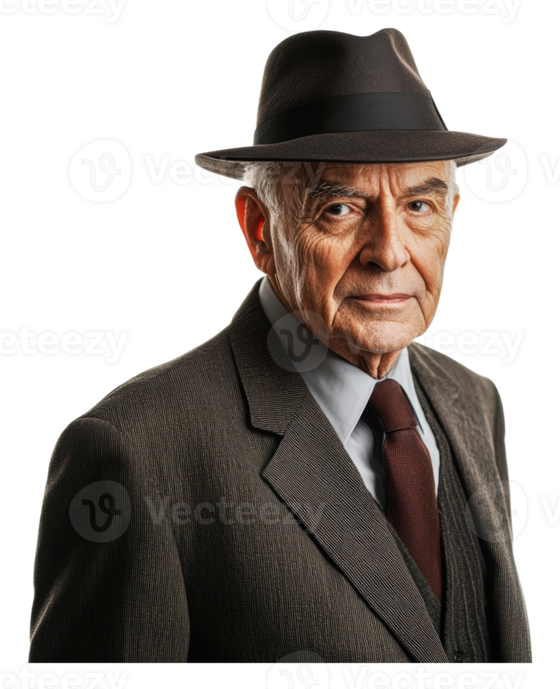 Elderly man in a suit and hat portrait png