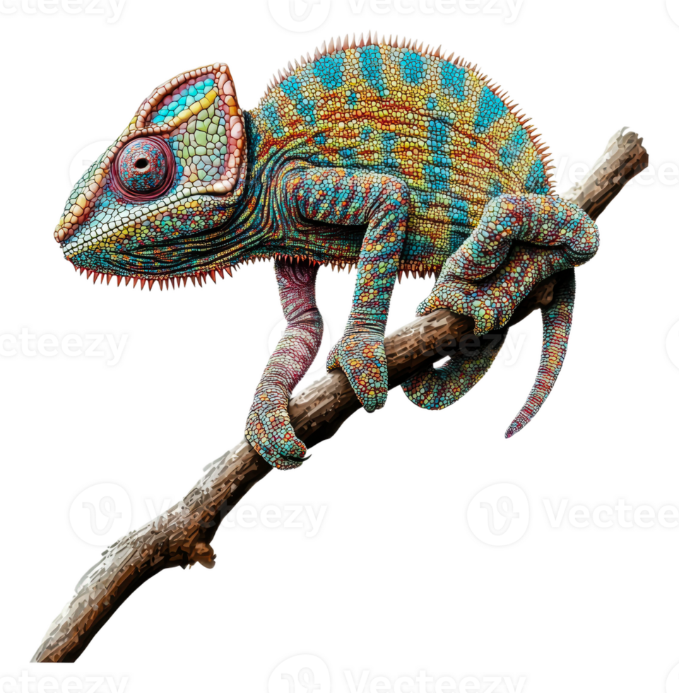 Colorful chameleon perched on a branch in nature png