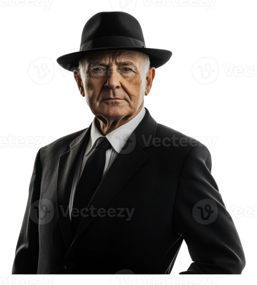 Elderly man in a formal suit wearing a black hat png