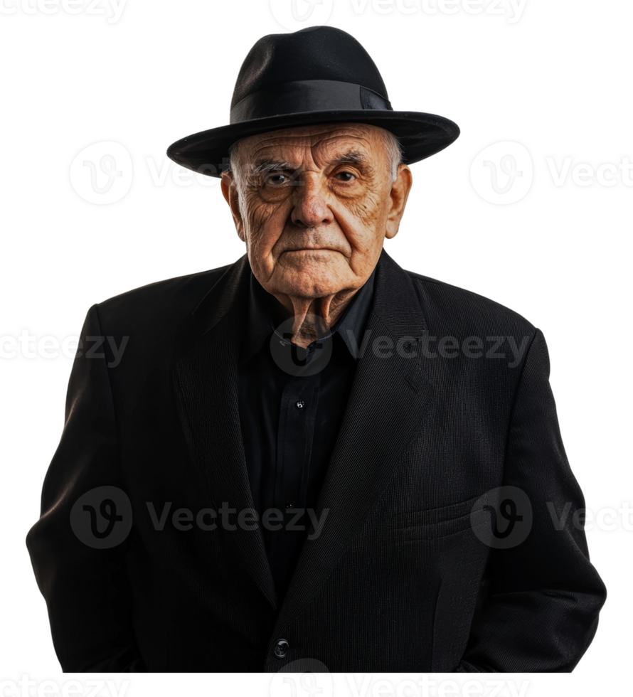 Elderly man in black suit and hat png