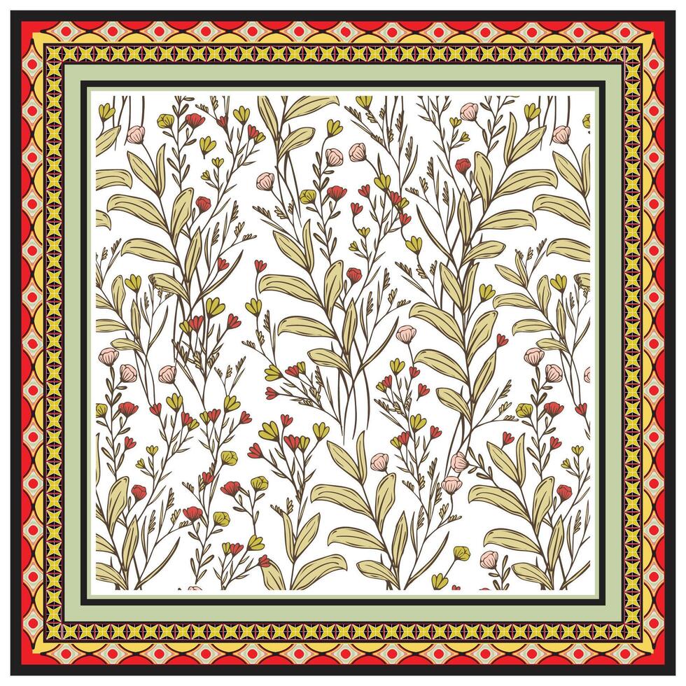 Red and Yellow Flower with Leaves Print Placement, Light Color background Square Shape Scarf Pattern. vector