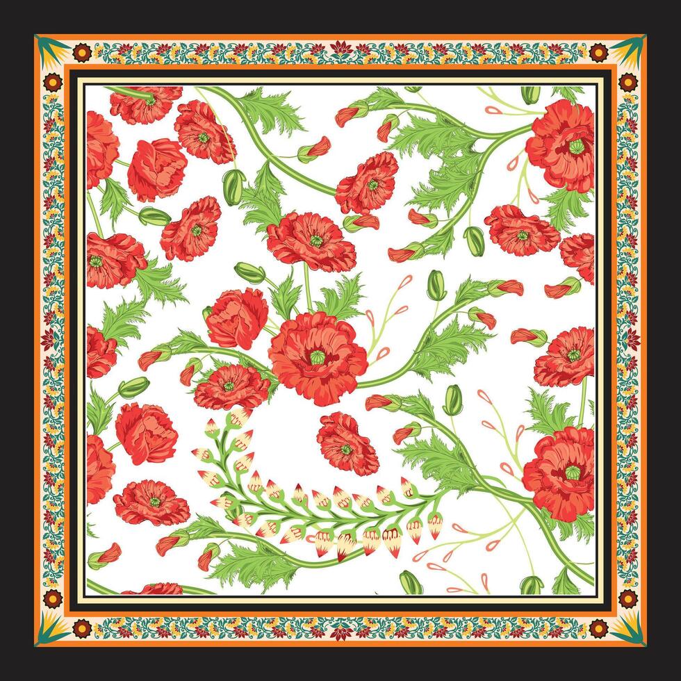Red Flower with Green leaves Placement, Square Scarf Flower Motif Border vector