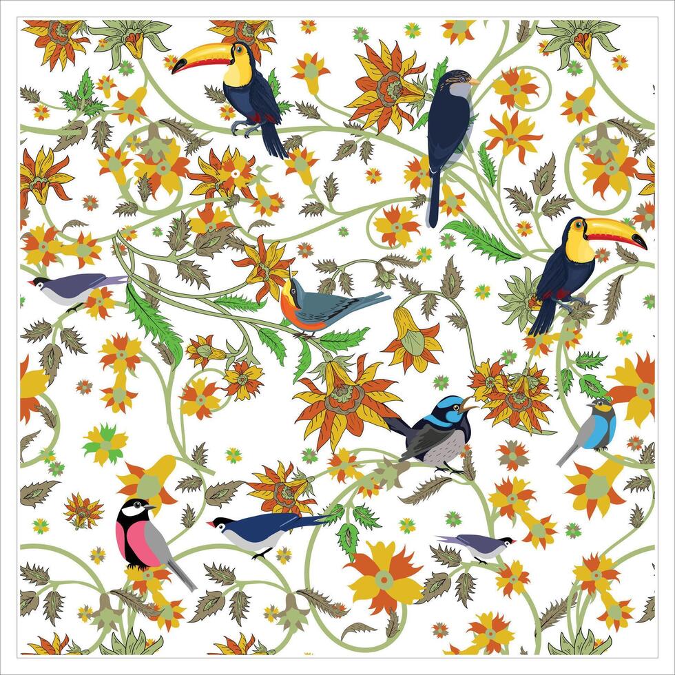 A group of colorful birds, depicted in a vibrant and lively manner. It is likely a drawing or painting, showcasing their beauty in an artistic way. The presence of flowers suggests a natural setting vector