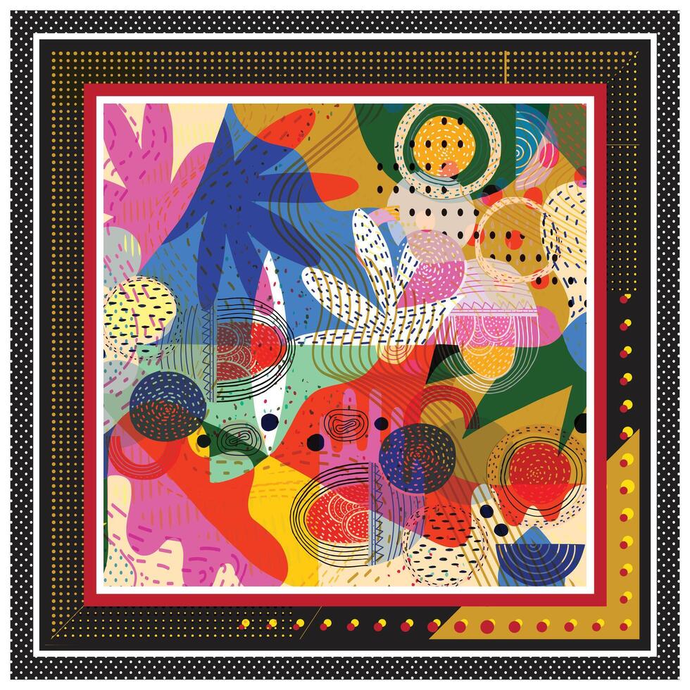 Abstract Tropical Print Flower, Multicolor Line and Doted Texture Print Pattern in Square Shape Scarf. vector