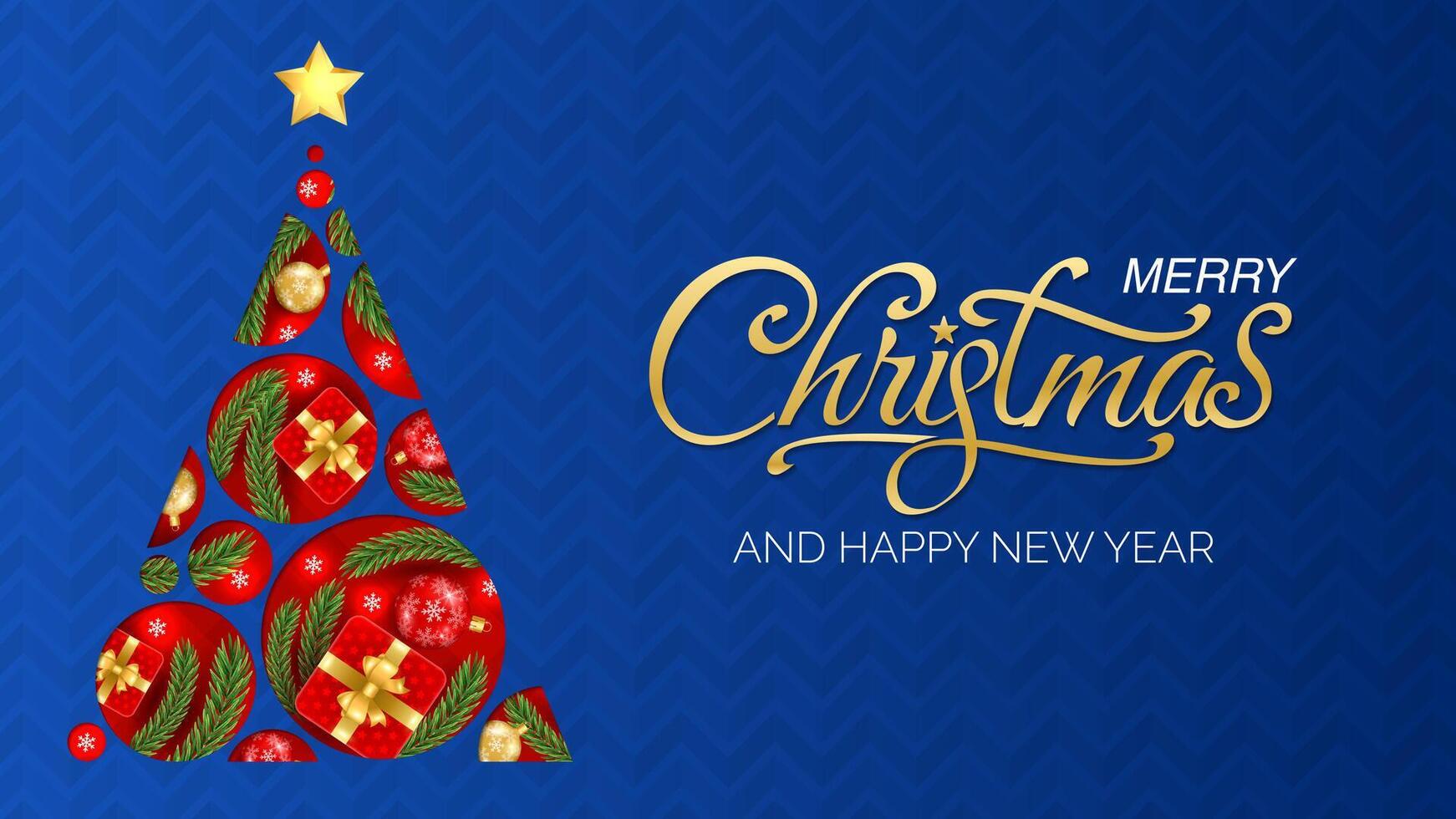 Merry Christmas Happy New Year greeting background with Christmas branch, balls, snowflakes vector