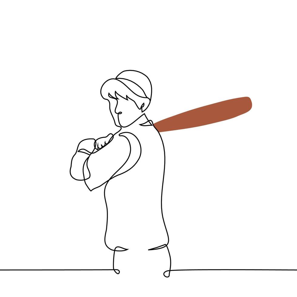 male baseball player in cap swinging bat behind back - one line art vector