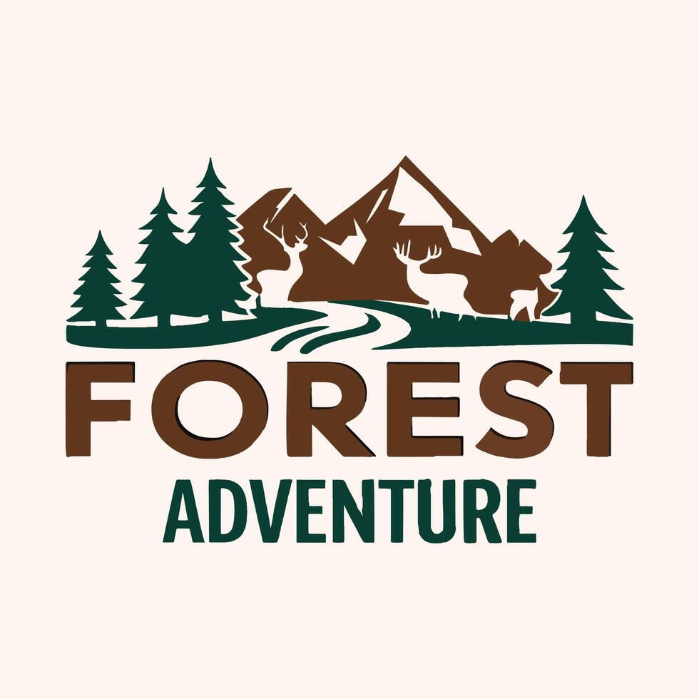 Forest Adventure wildlife logo design with trees and mountains vector