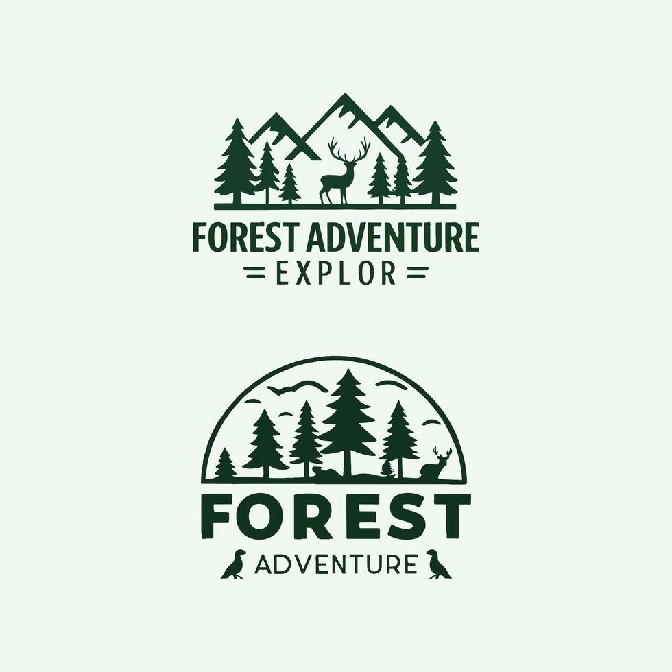 forest adventure logo design with trees and mountains vector
