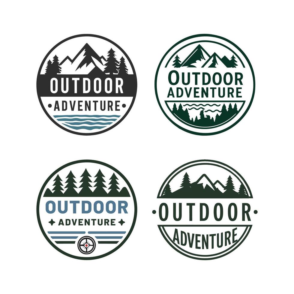 A set of circle badge logos for outdoor adventure with mountain and trees vector