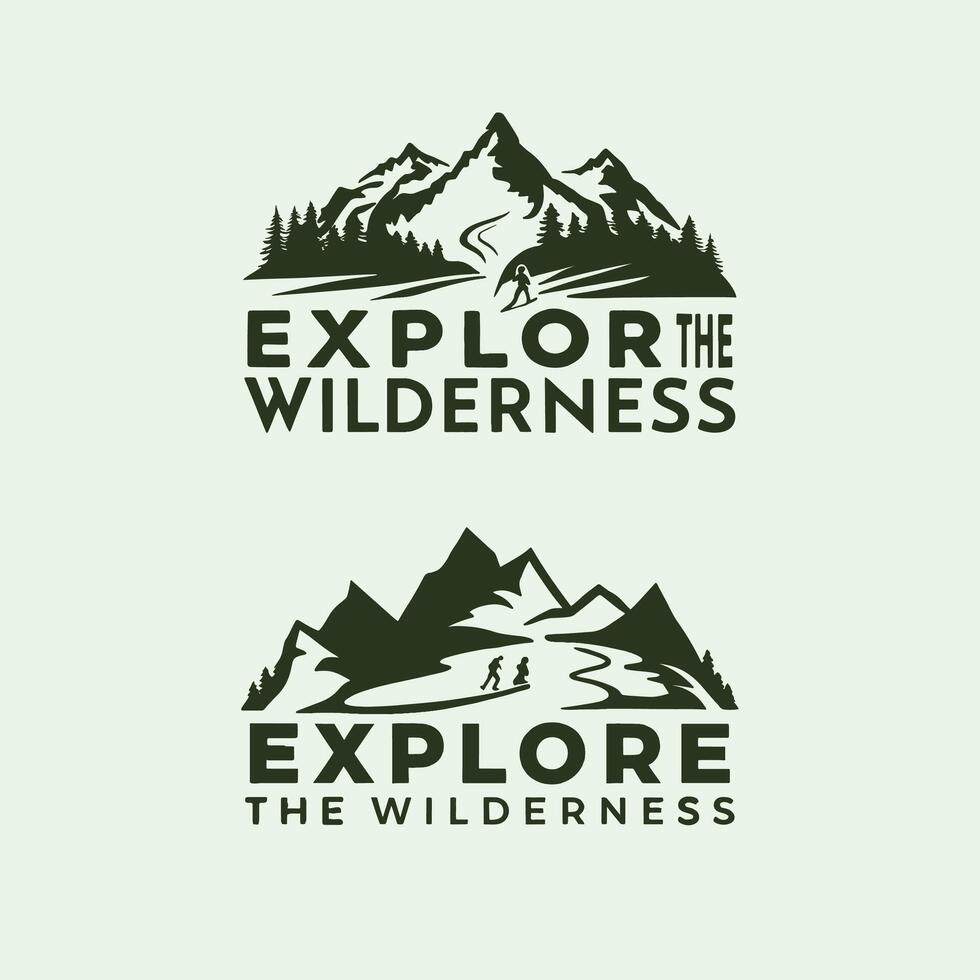 Hiking Logo design with mountain landscape says Explore the Wilderness vector
