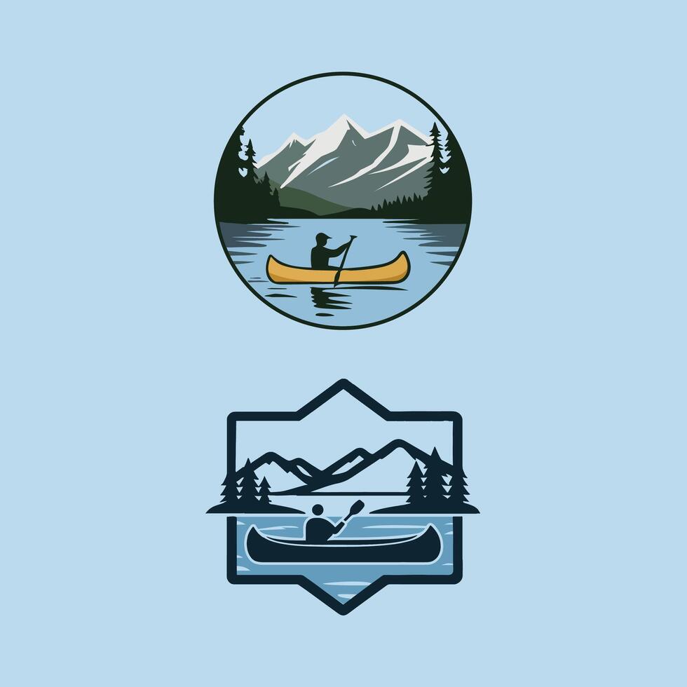 Illustration of an outdoor logo with a calm lake, canoe, and mountains vector