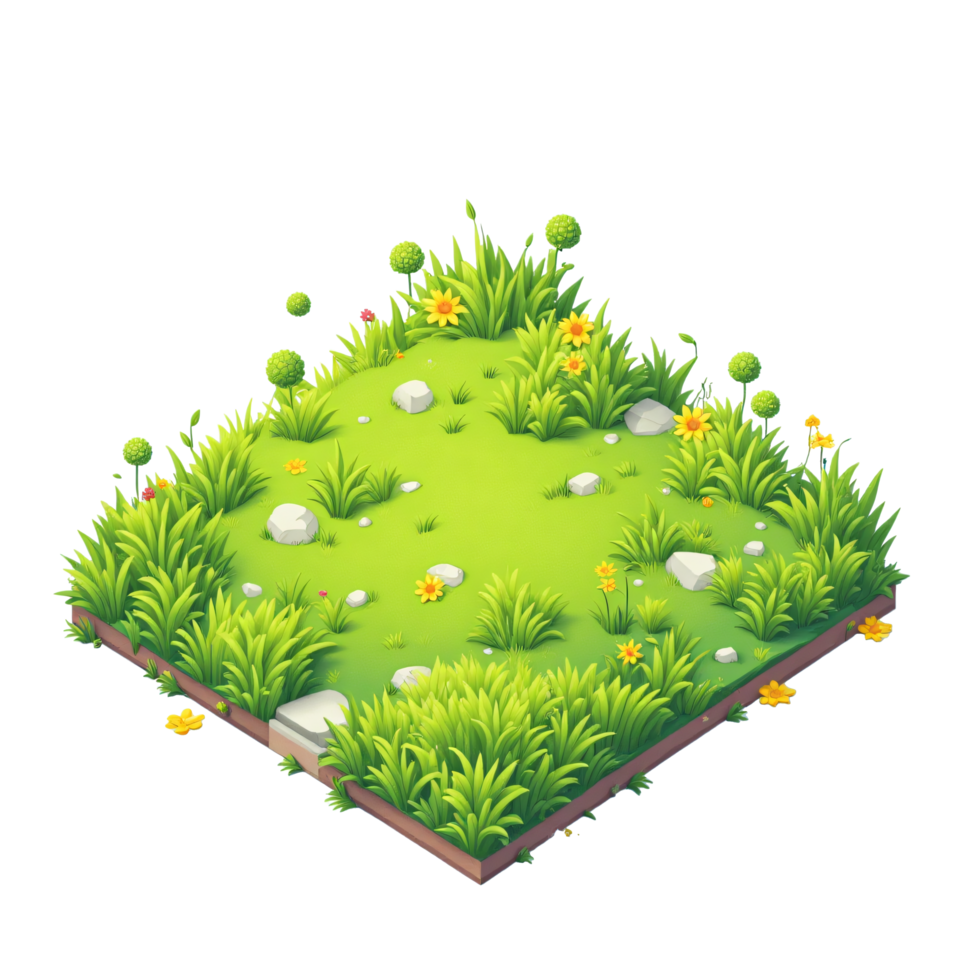 A grassy field with flowers and rocks png