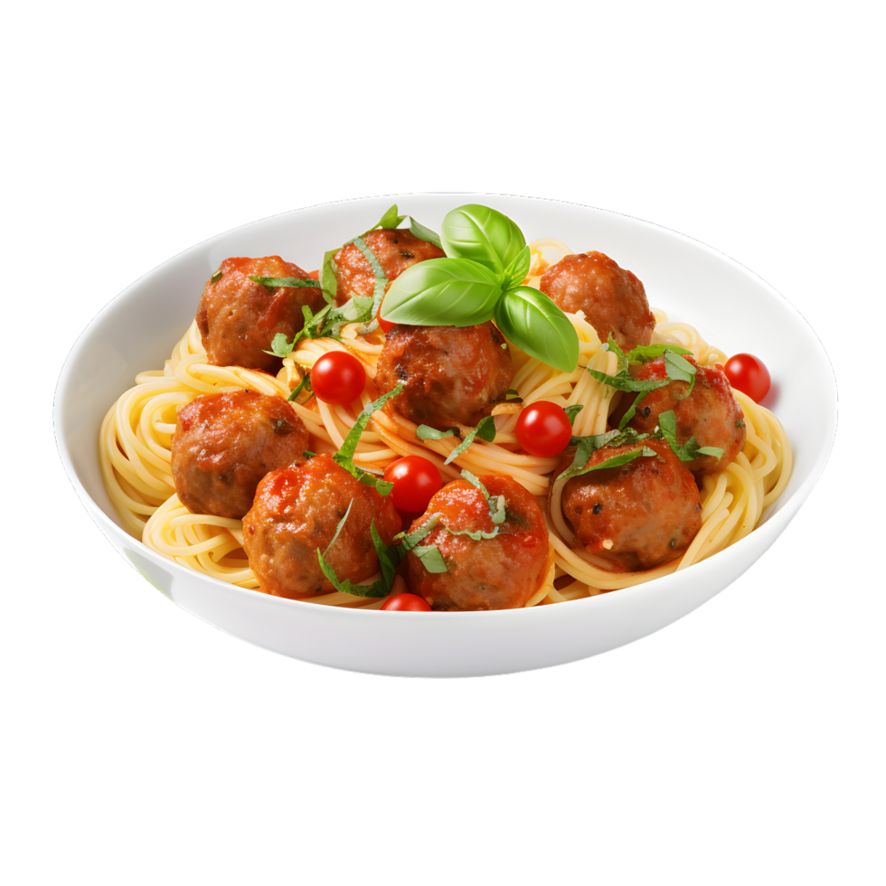 Italian spaghetti and meatballs with basil and tomato png