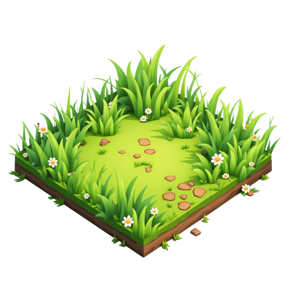 A grassy field with flowers and stones png