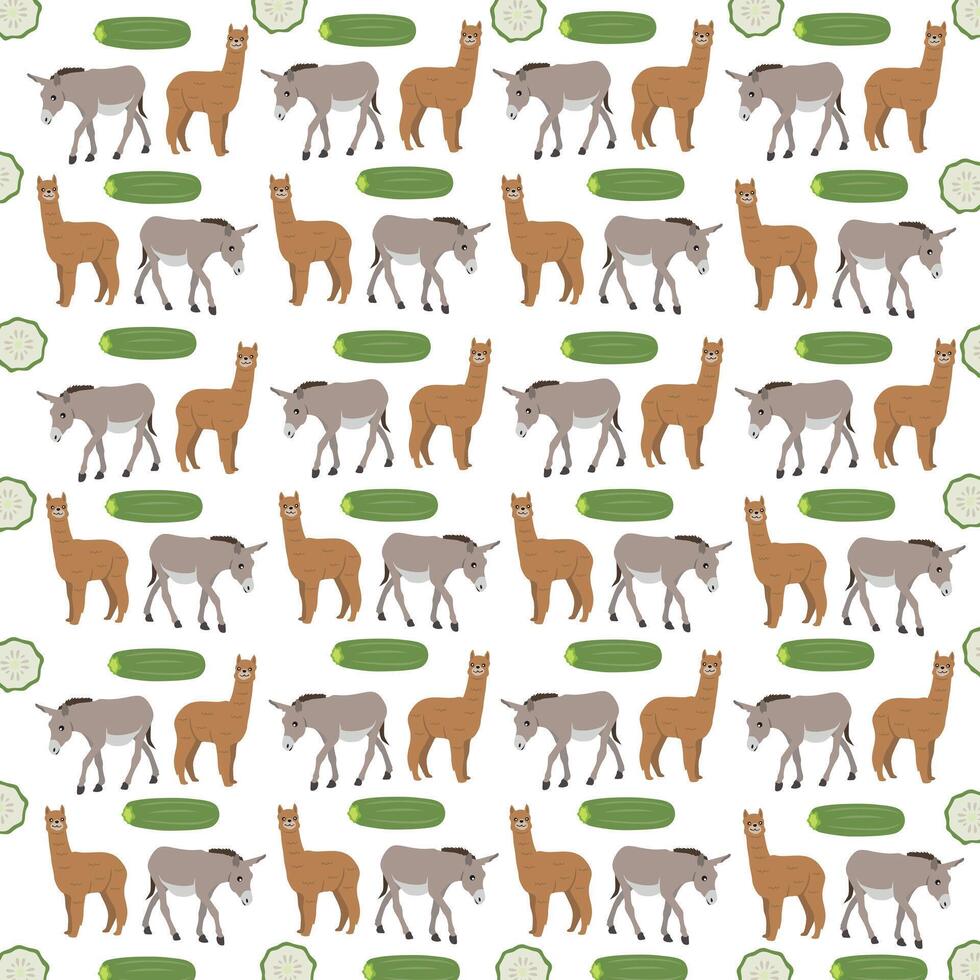 alpaca, donkey with fruit as a pattern background vector