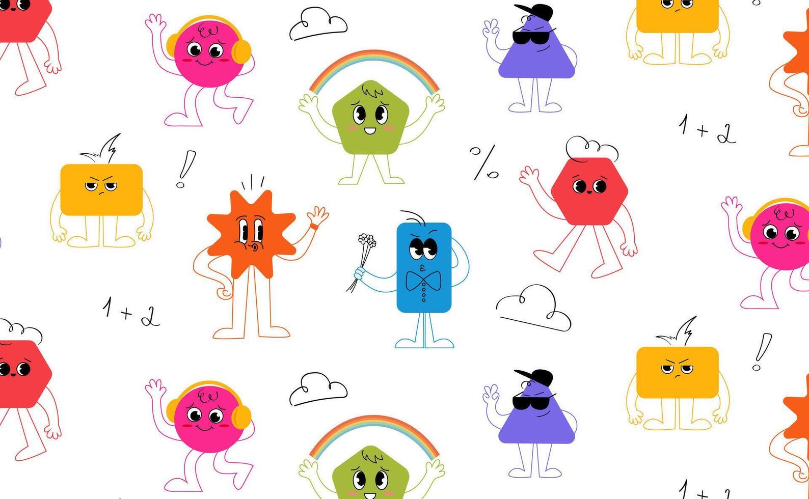 Set of geometric shapes characters with different emotions pattern. Flat illustration of rectangle triangle circle trapezoid mascots with doodle elements. Abstract characters with funny faces vector