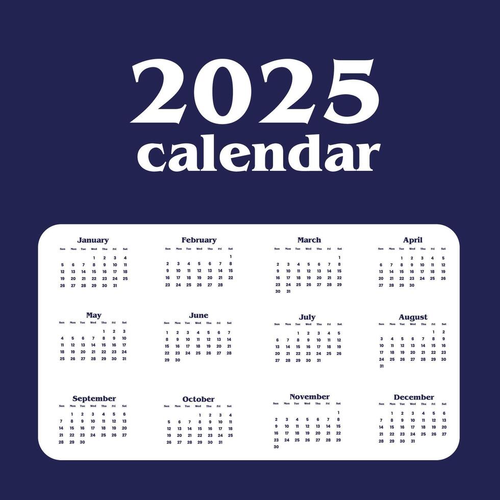 One Page Calendar 2025. Calendar templates 2025 for wall and desk use. vector