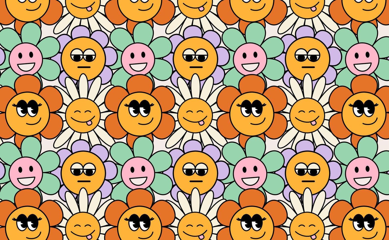 Pattern groovy funny trendy retro cartoon characters flowers crowd. Vintage happy characters in comic rubber hose style. vector