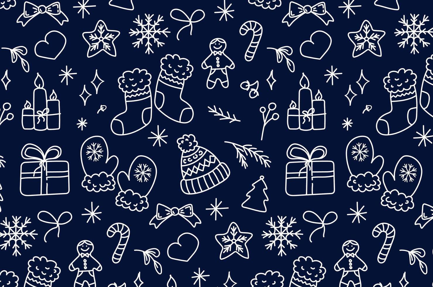 Winter seamless pattern white color elements doodle. Line art Christmas and New Year vector