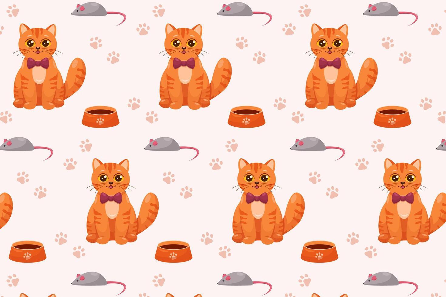 Pattern with happy cat, cute animal, tiger cat, with cat food bowl, mouse, cat on the background of cat tracks. Flat design of striped red cat in cartoon style vector