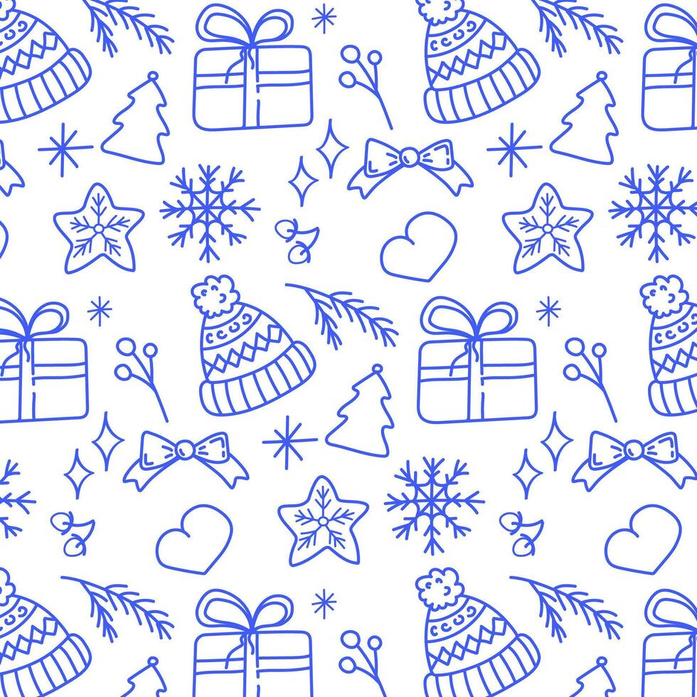Pattern Hand drawn hat, New Year gift, bow, snowflakes and winter elements. Endless ornament illustration in doodle style Winter mood. Blue ornament on white background vector