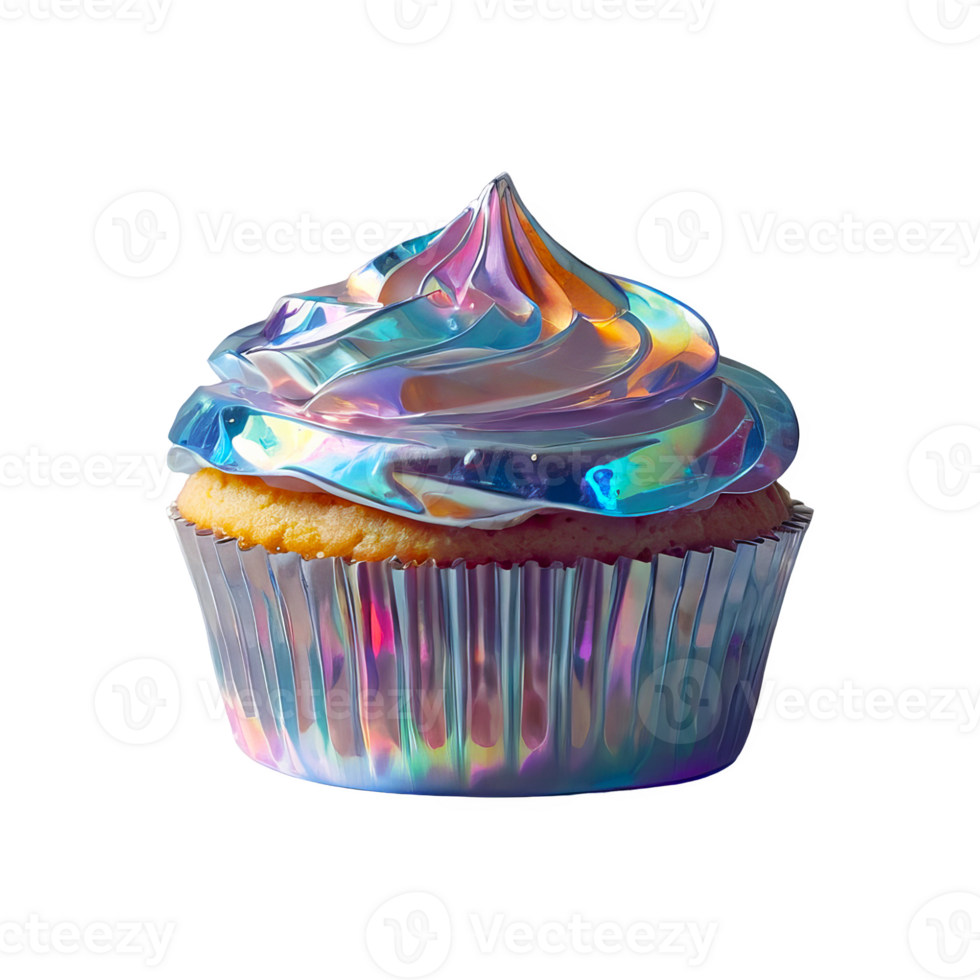 3D chrome holographic element in Y2K style, isolated background, liquid metal. Cupcake with a swirl of frosting and a rainbow sprinkles on top. png