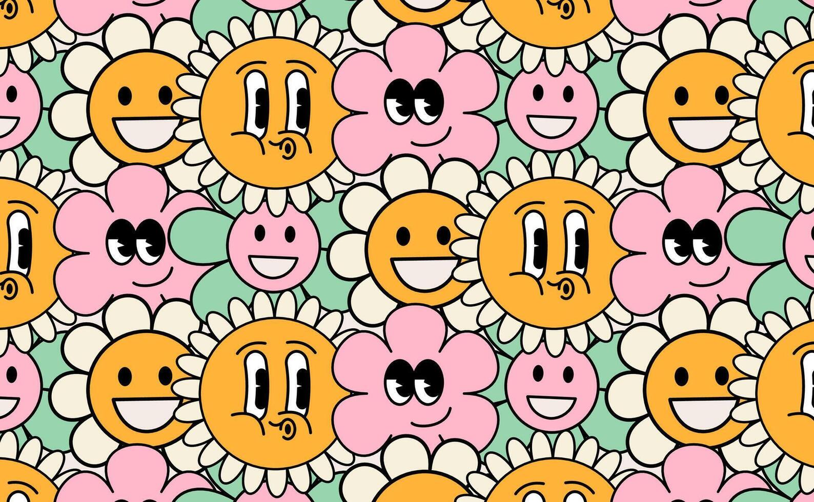 Funny fashion retro pattern crowd of flowers, comic style pattern rubber hose. Isolated illustration. vector