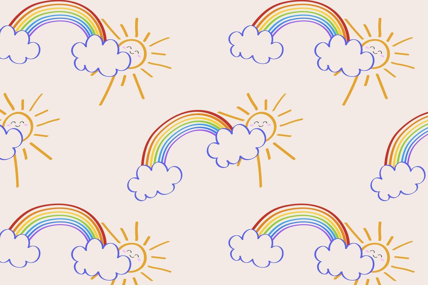 sun, rainbow and clouds pattern blue sky cartoon line art vector
