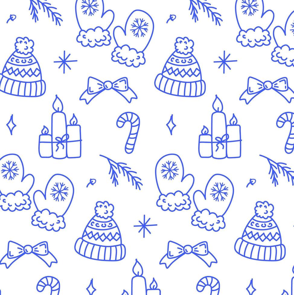 Hand drawn seamless pattern with christmas hat, mittens, snowflakes, bow, christmas candy in doodle style vector
