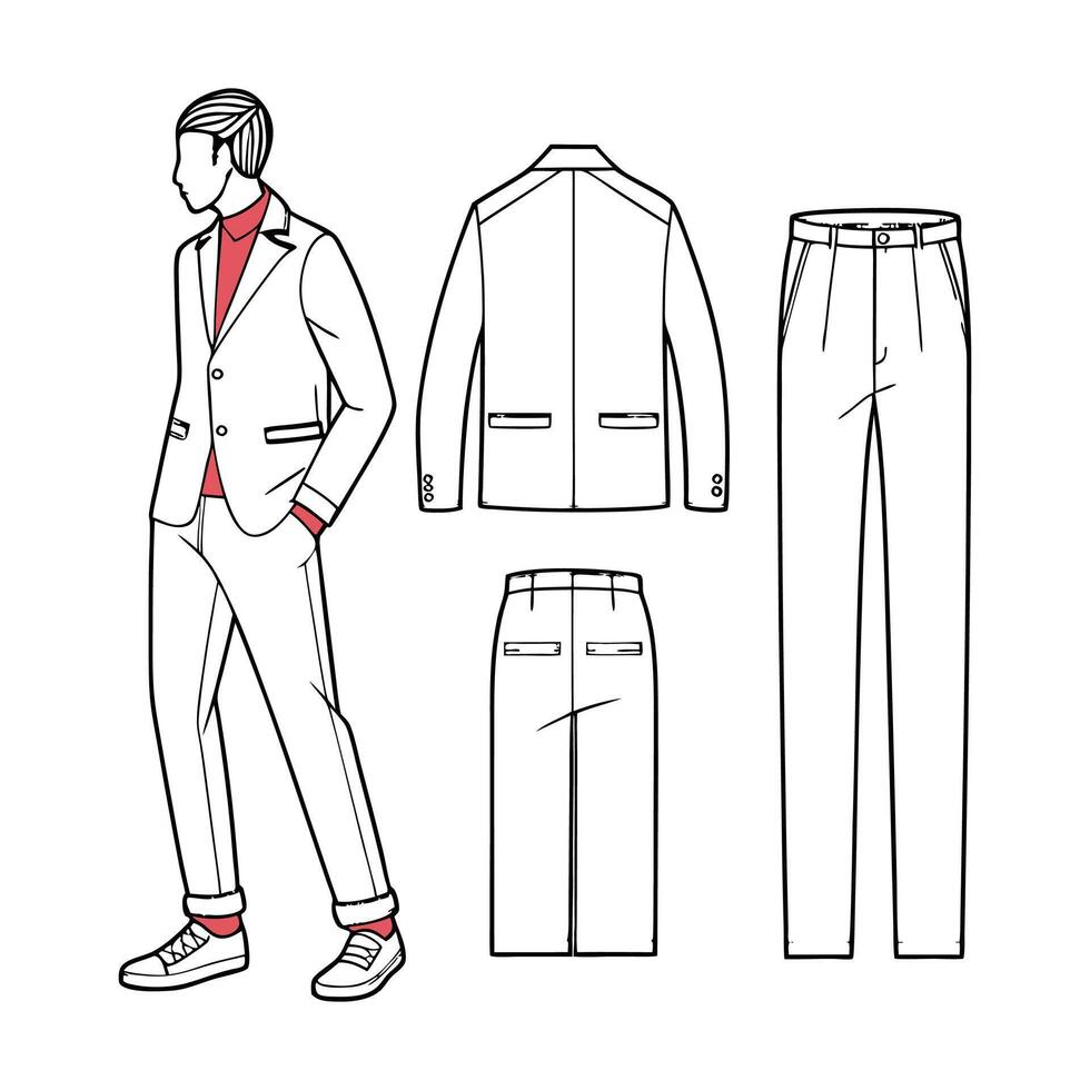 A man's suit and pants are drawn in a line vector