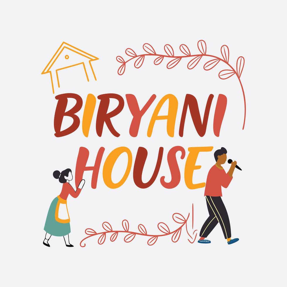 Biryani house logo with people standing in front of it vector