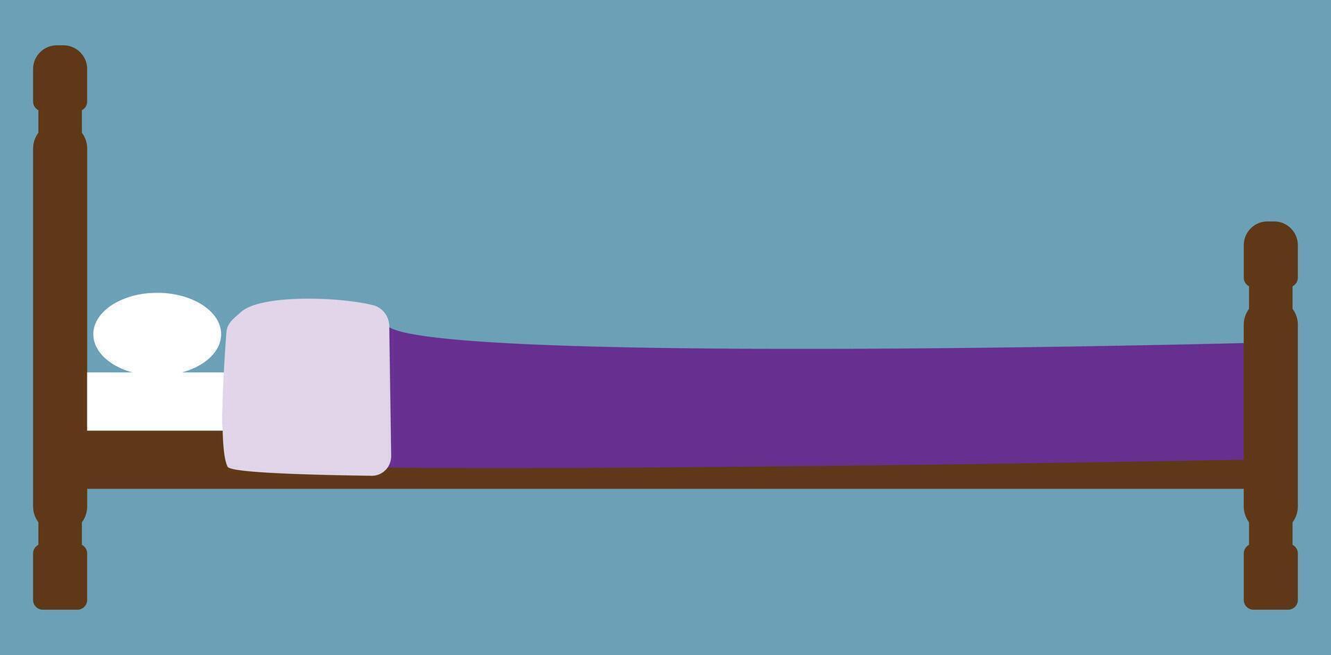 un cama ilustración, cómodo cama, púrpura frazada, de madera cama, lado vista, blanco almohada, dormitorio cosa, dormitorio muebles, camas tienda firmar y bandera, bueno para social medios de comunicación y educativo contenido vector