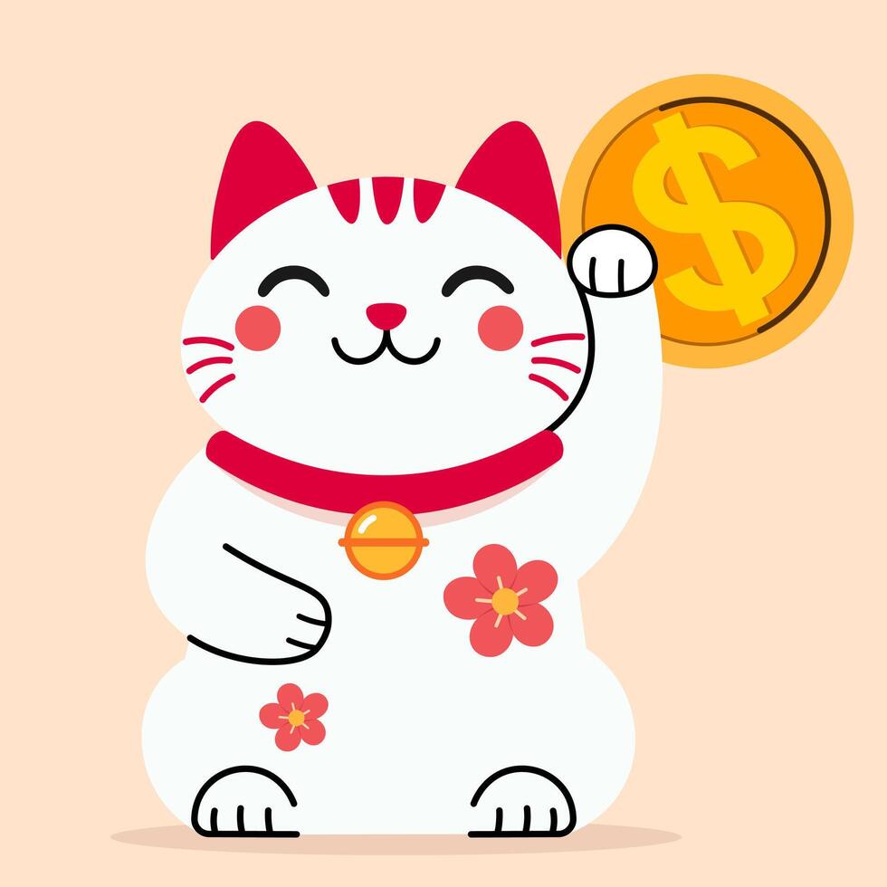 cartoon lucky cat with a raised paw, holding a dollar coin, featuring a red collar and sakura flower details, Japanese and chinese style for fortune, prosperity, good luck and wealth symbol vector