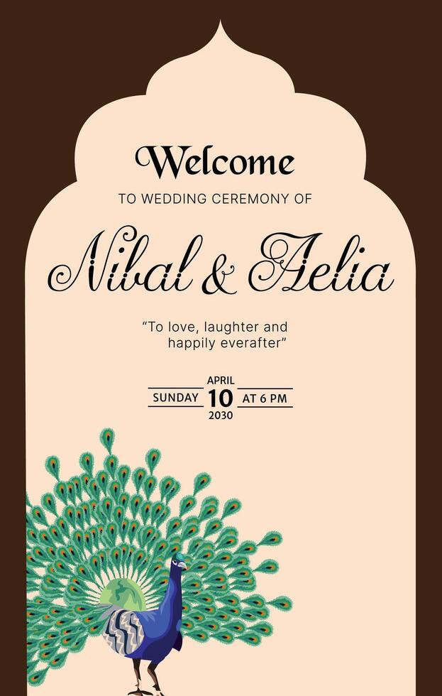 Hindu wedding card design containing traditional peacock and pillars for marriage ceremony of haldi mehndi and vivah vector