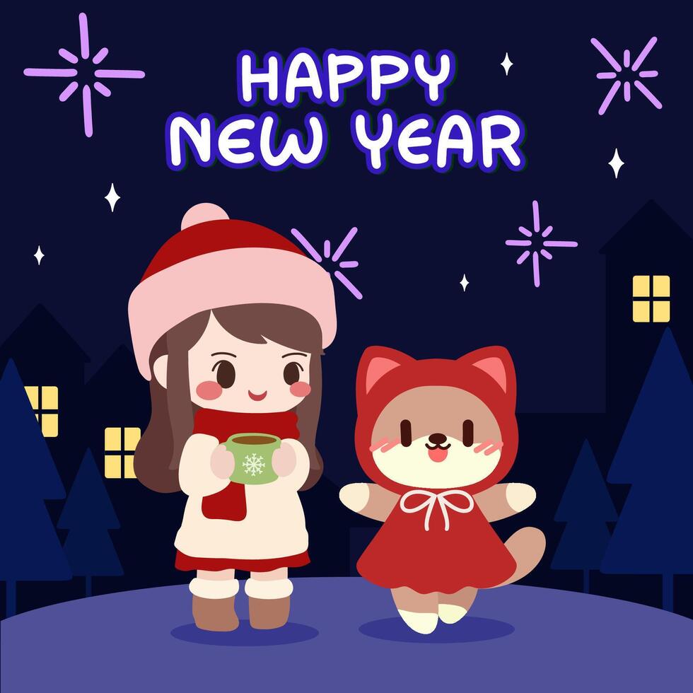 Cute New Year celebration with girl and dog Illustration. New Year illustration captures a cozy winter night with a girl and her adorable dog celebrating under a sky filled with fireworks. vector