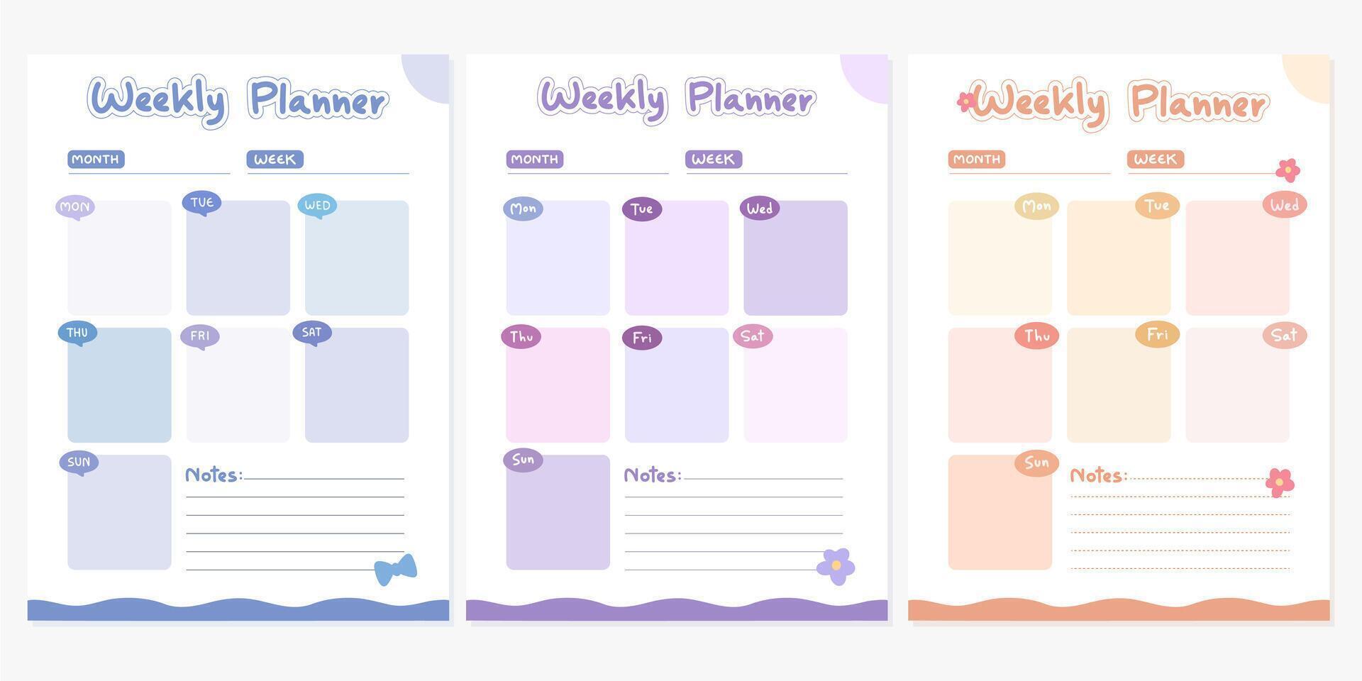 Simple Pastel Weekly Planner Template with Notes Section.A simple and pastel themed weekly planner template, featuring soft colors and a notes section for easy organization. vector
