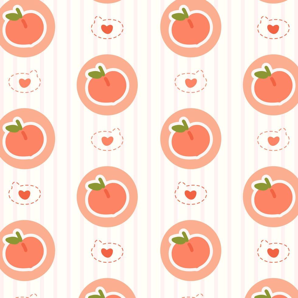 Cute peach pattern with hearts and Doodles on striped background. Cute pattern features adorable peach illustrations and small hearts on a striped background. vector
