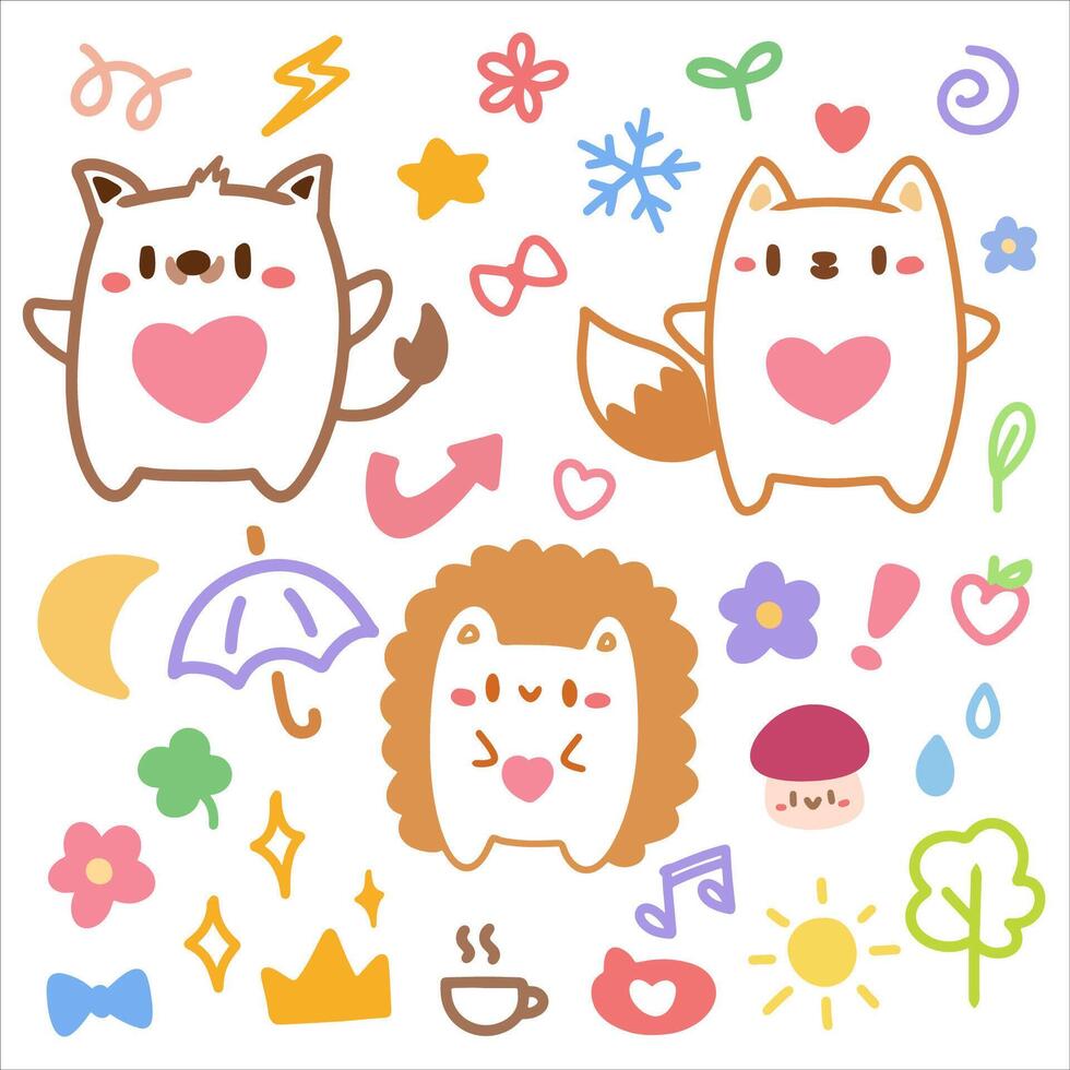 A collection of cute animal doodle stickers featuring kawaii style characters like a boar, fox, and hedgehog, surrounded by hearts, flowers, and fun symbols. vector