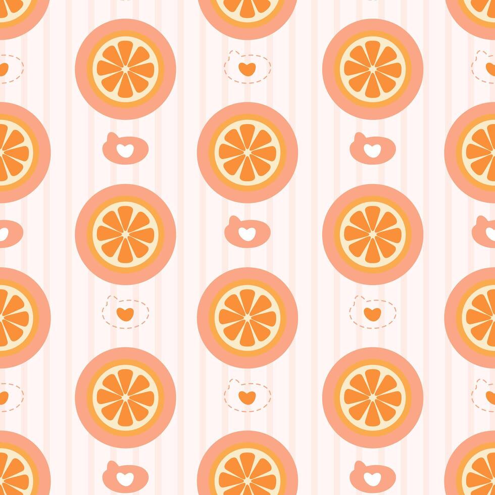 Cute orange slice and heart pattern.A cute pattern featuring vibrant orange slices and heart elements on a soft pink background. vector
