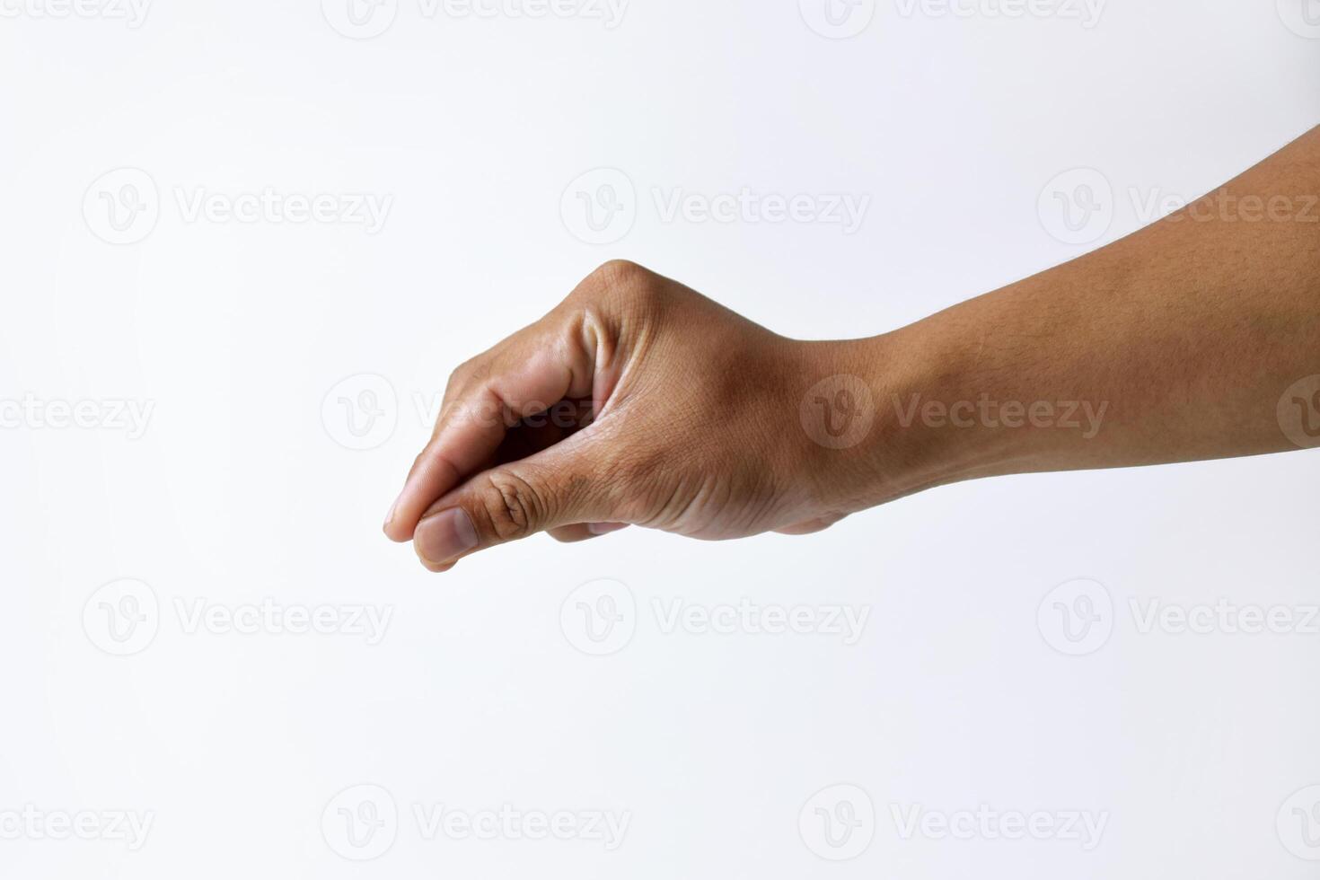 A man's hand is taking something on a white background photo