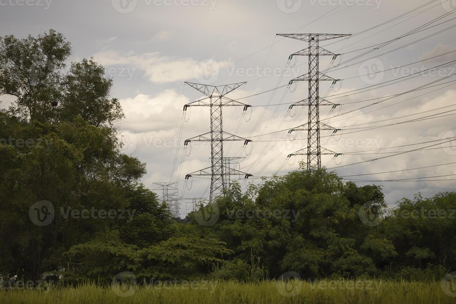 Tall power transmission tower with multiple cables stretch across the sky, set against a cloudy backdrop. Lush greenery and trees fill the foreground, contrasting with the industrial structures above. photo