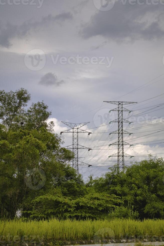 Tall power transmission tower with multiple cables stretch across the sky, set against a cloudy backdrop. Lush greenery and trees fill the foreground, contrasting with the industrial structures above. photo