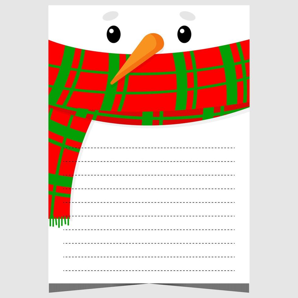 Blank Christmas letter template with cute snowman character wearing scarf. Ready for print or for web document with empty lines to fill out with greeting or wish list by children during holidays. vector