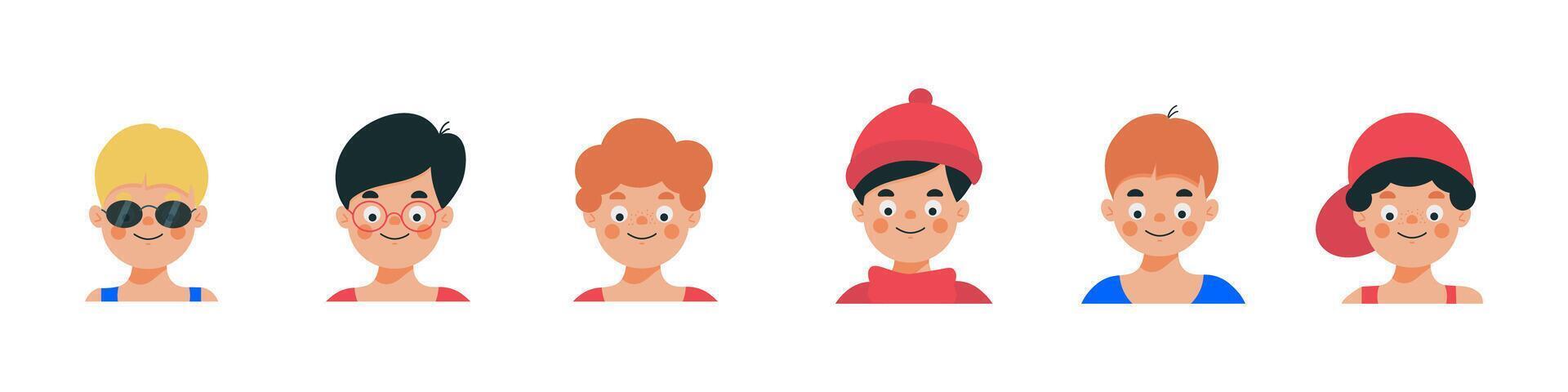 Set of young man faces. illustration of diverse man avatars in flat style. vector
