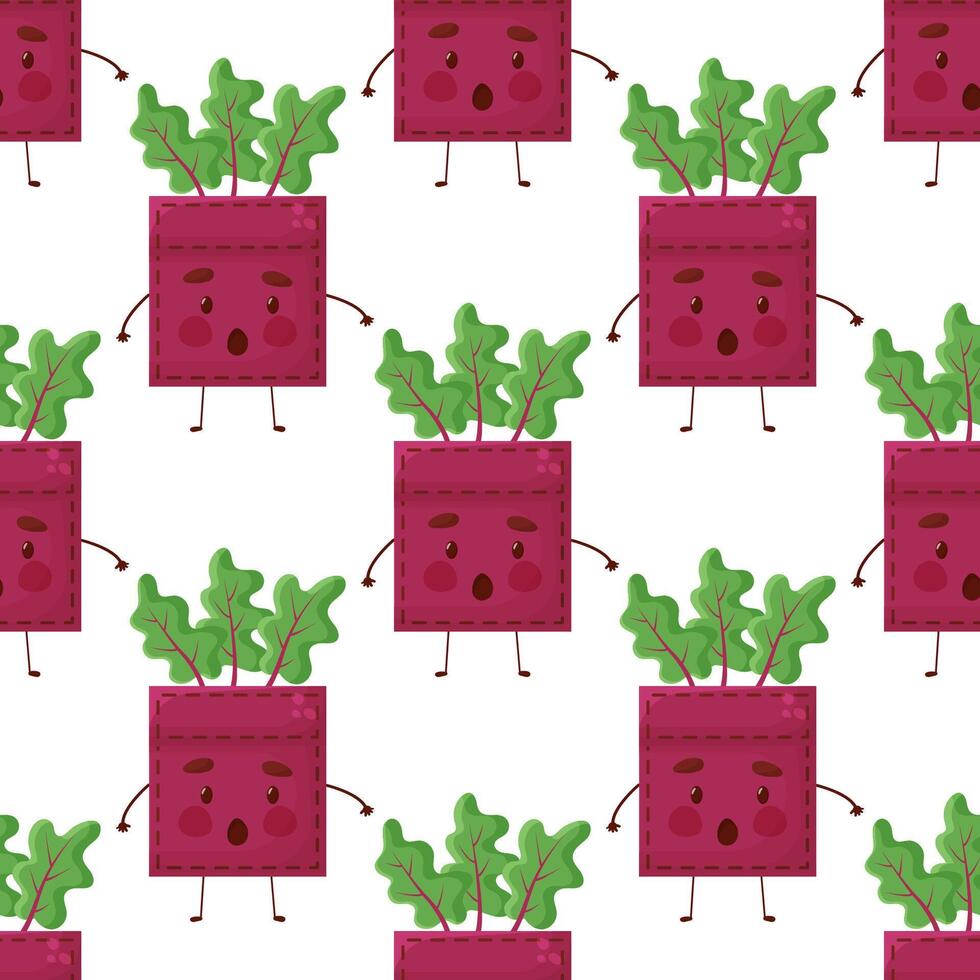 Seamless pattern Beet-shaped patch pocket. Character pocket beet. Cartoon style. Design element. Template for your shirts, books, stickers, cards, posters. vector