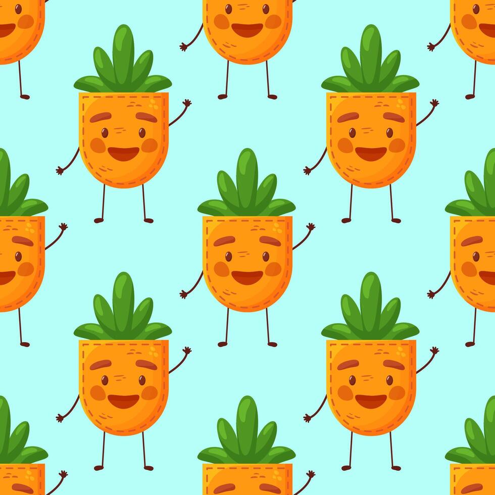 Seamless pattern Carrot-shaped patch pocket. Character pocket carrot. Cartoon style. Design element. Template for your shirts, books, stickers, cards, posters. vector